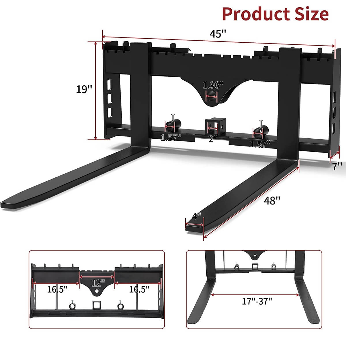 48" Quick Attach Pallet Forks W/Receiver Hitch & Spear Sleeves
